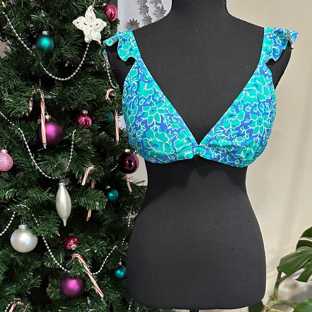 *J. CREW* Blue x Green Floral Ruffle Bikini Top NWT Size Large - Picture 5 of 11